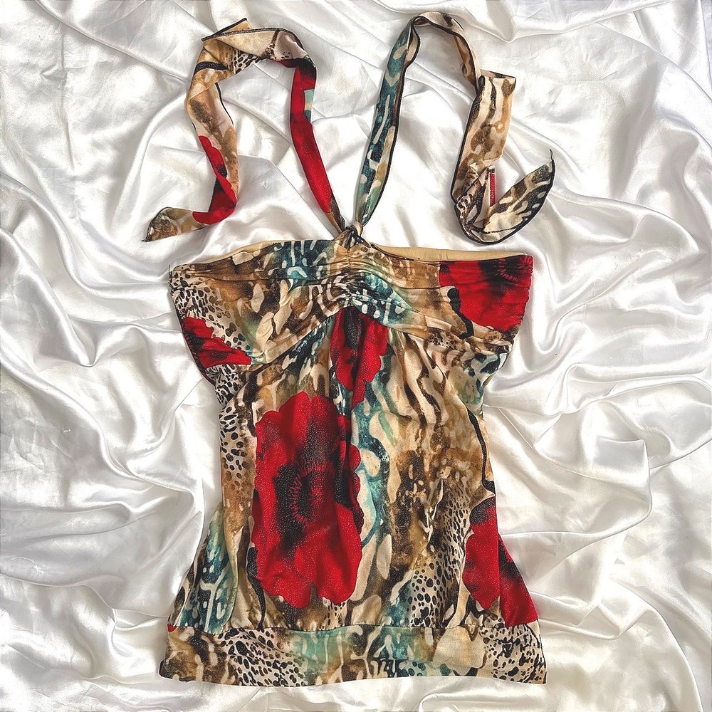 Zopia Womens Y2K Halter Top Floral Animal Print Ruched Red Brown Large